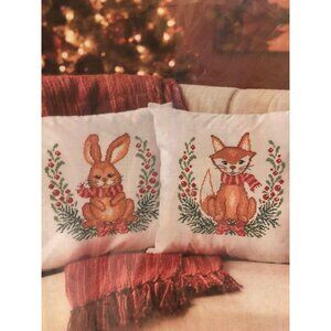 Herrschners Woodland Pillow Cover Set 16" x 16" Cross-Stitch Kit Rabbit Fox